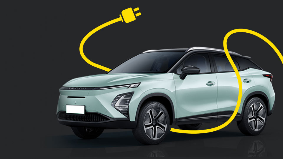 Image of OMODA 5 entwined in an electric cable and plug